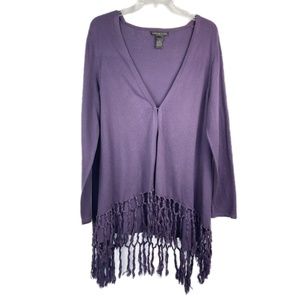 Purple Hook Front Long Sleeve Cotton Blend Cardigan Sweater with Fringe Bottom